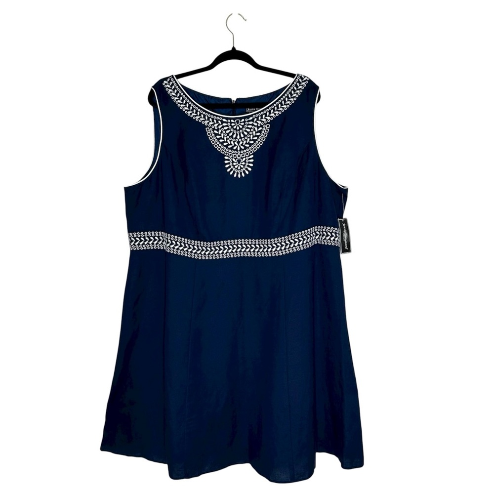 Jessica Howard Linen Mix Navy‎ White Embroidery Sleeveless Work Dinner Dress 22W